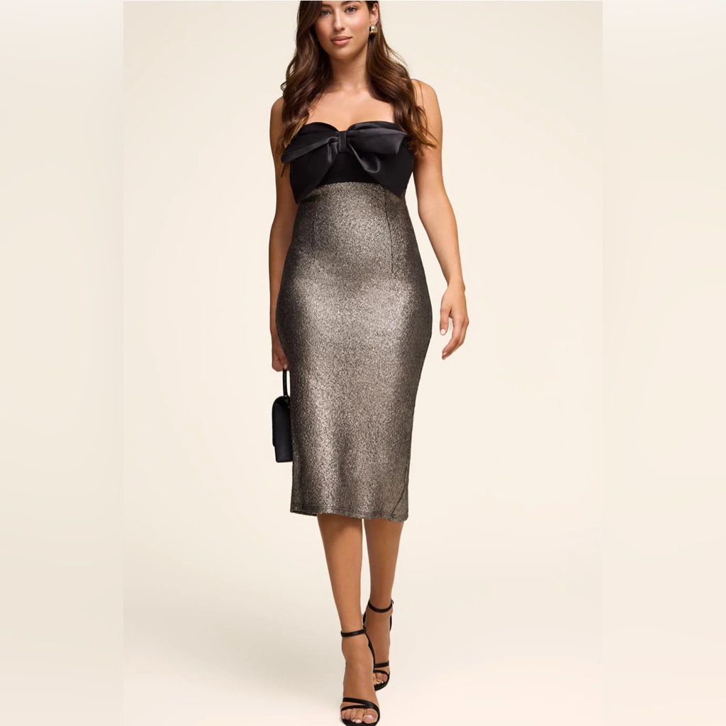 Foil Knit Dress With Statement Bow